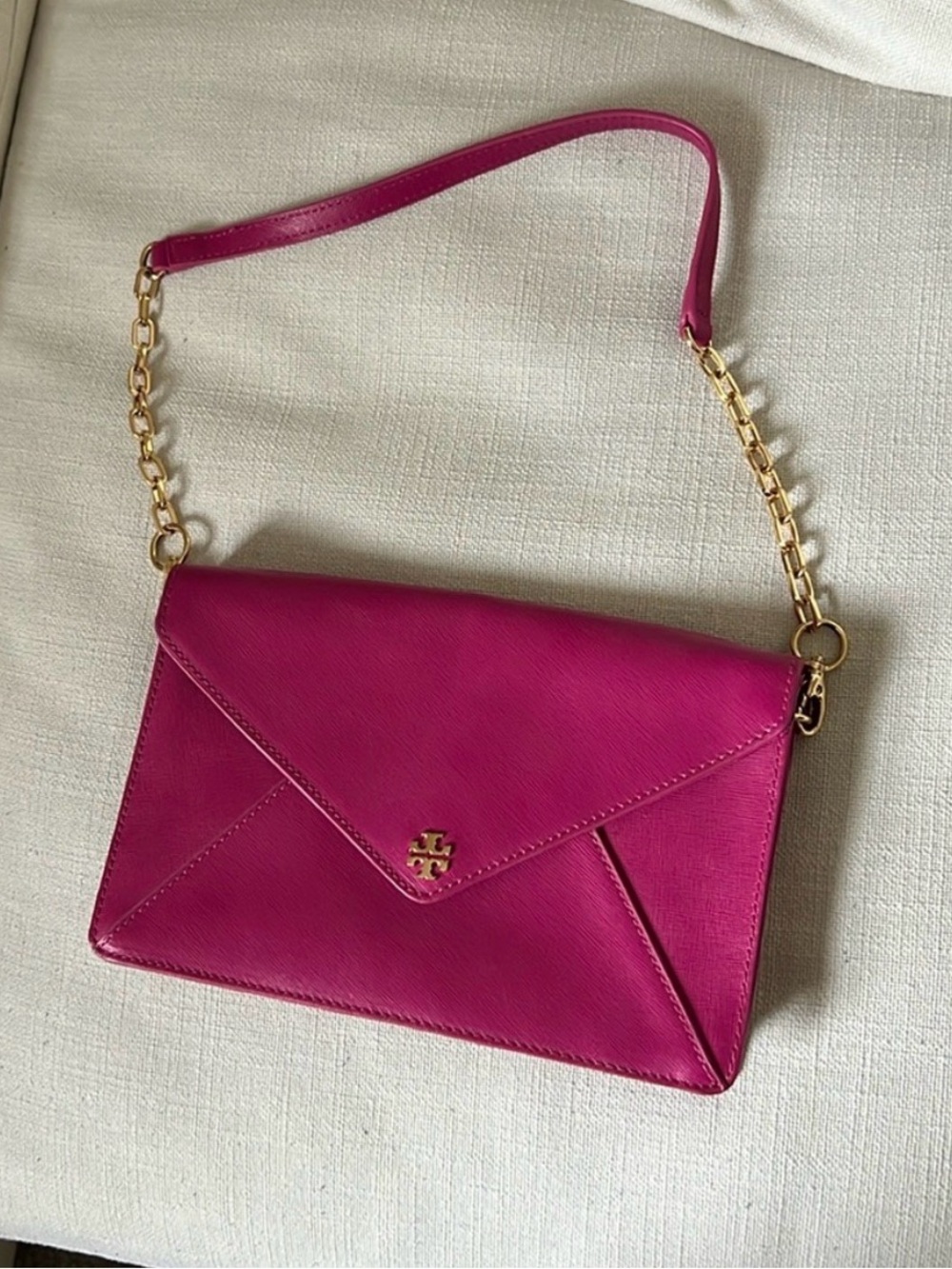 Tory Burch Fuchsia Envelope Shoulder Bag with Gold Chain